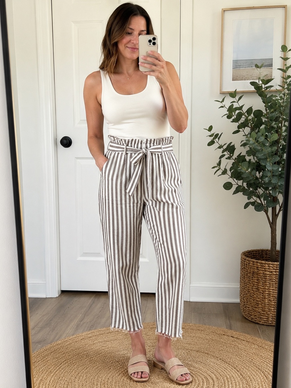 Madewell Brown White Striped Linen Blend Paperbag Pants Size 4
